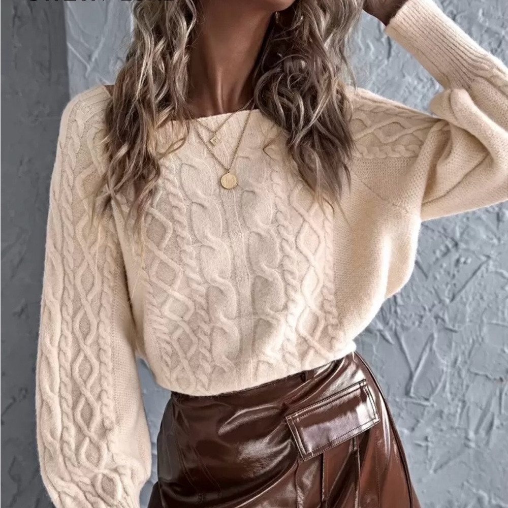 SHEIN Cream Cable Knit Balloon Sleeve Crewneck Sweater